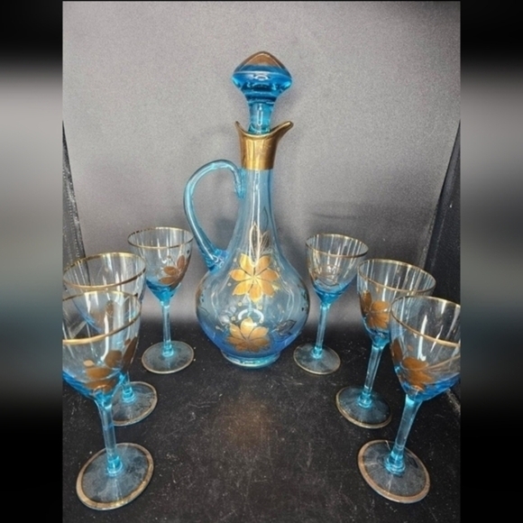 Vintage Romanian Cristo handblown aqua blue Glass, handpainted‎ with 24 k gold. - Picture 1 of 10